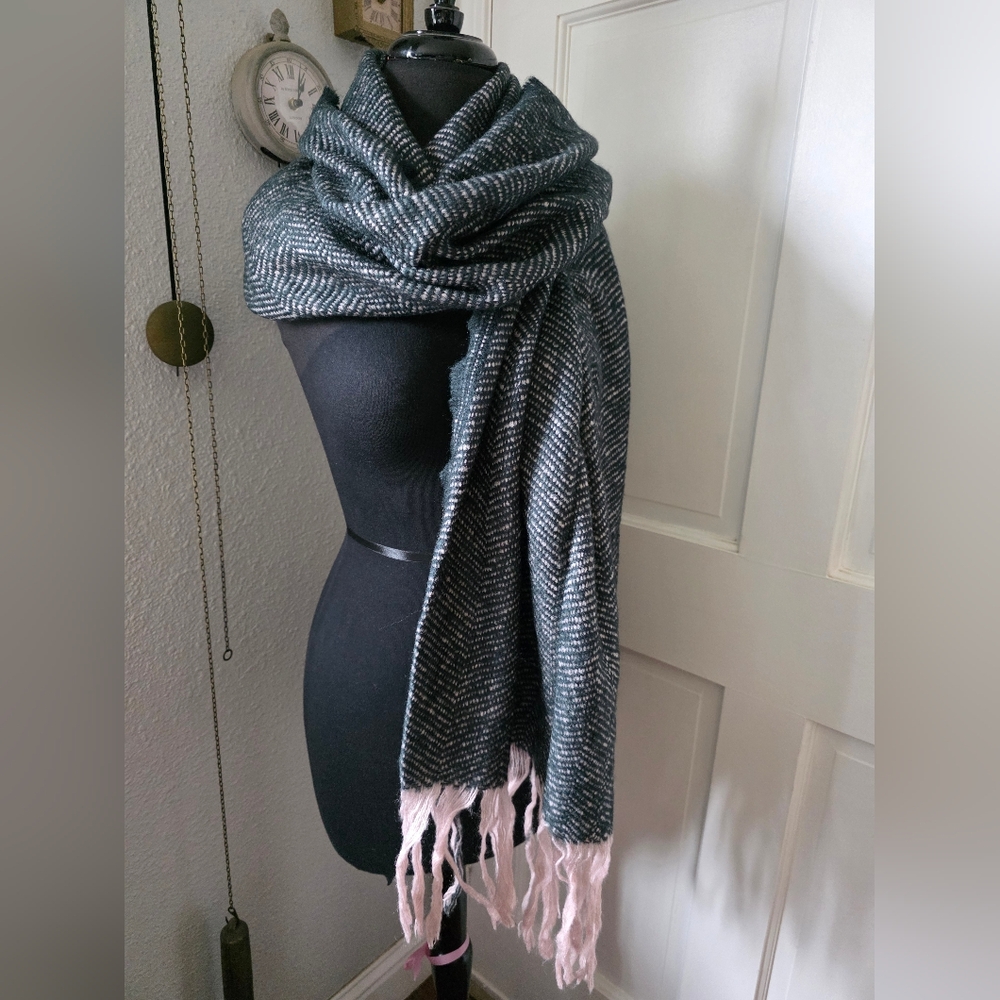 Green Scarf With Pink Fringe